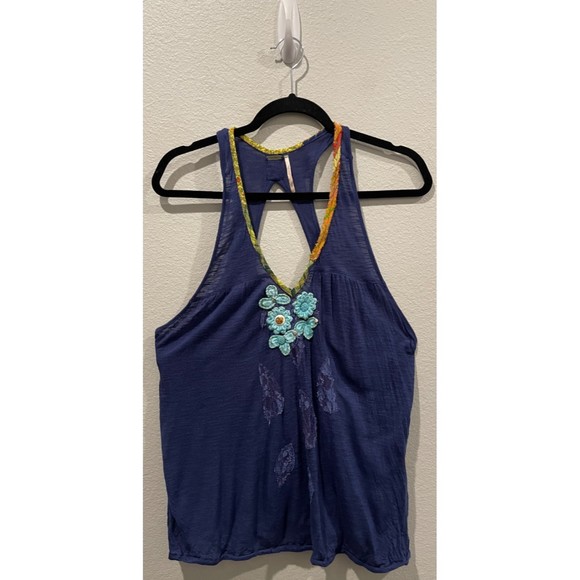 FREE PEOPLE Hippie Navy Embroidered V-Neck Sleeveless Top - Picture 1 of 6